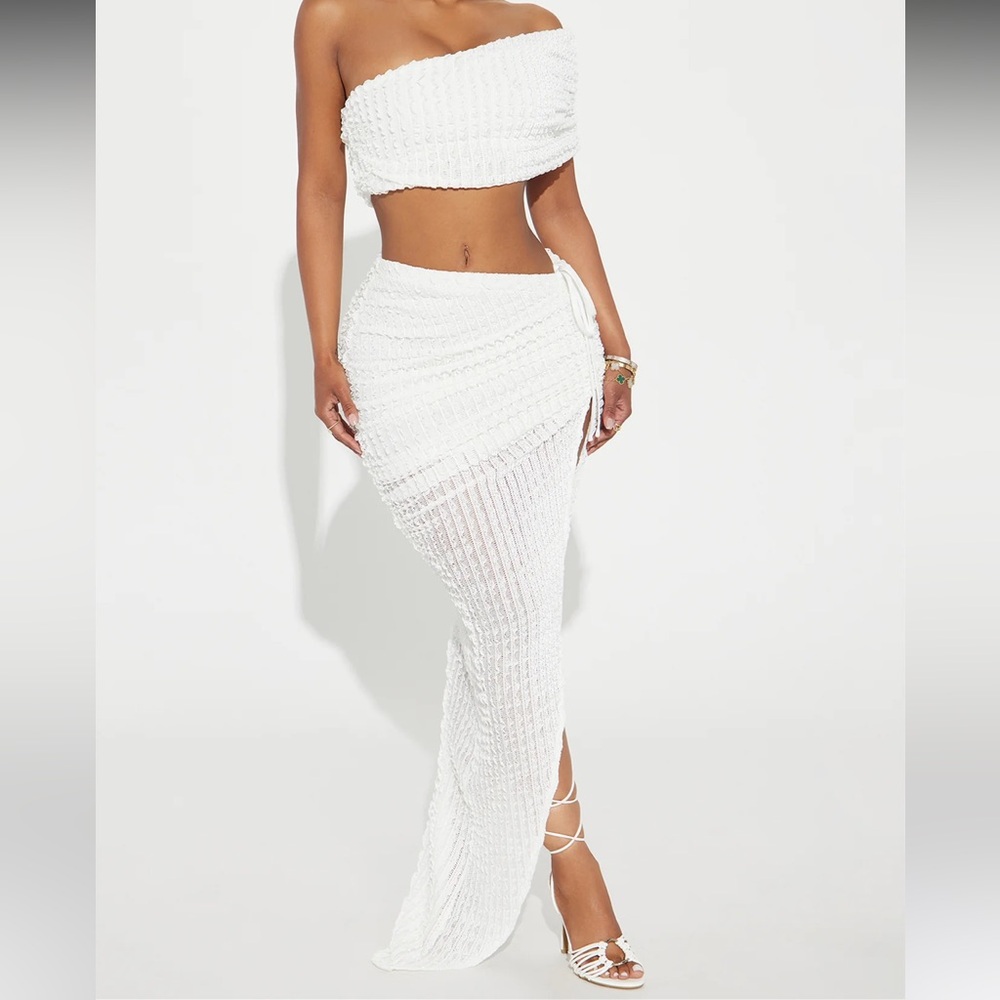 NEW FashionNova White Ruched Split Maxi Skirt Set